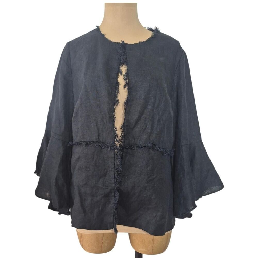 Chico's Black Linen Jacket with Ruffle Trim and Bell Sleeves Size Small